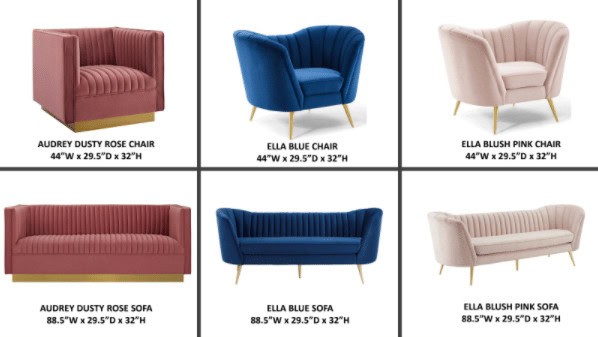 New Luxury furniture in dusty pink, blue, and light pink from the Modern Event Rental 2022 Event Rental Furniture Product Catalog
