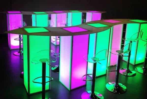 Colorful Green and Pink LED Furniture Rentals Including Stool, And High Top Table.