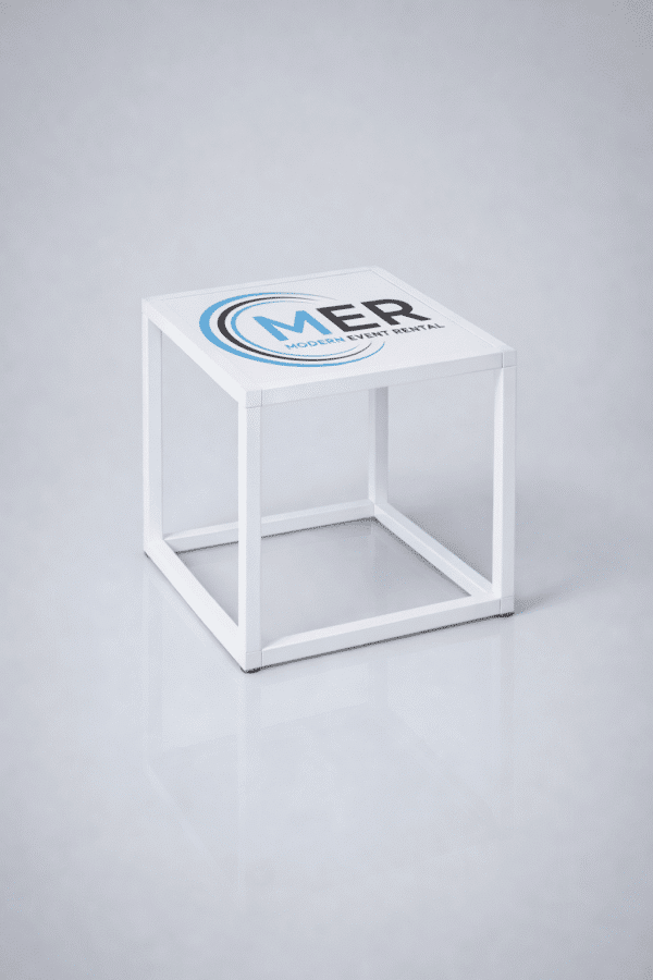 white end table with event branding