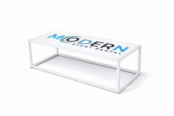 club white coffee table with branding