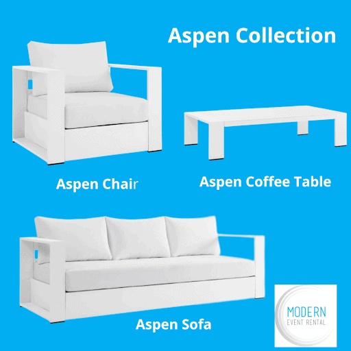 Outdoor lounge furniture rental for events. Modern Event rentals Aspen Collection. This features the Aspen Chair, Aspen Coffee Table, Aspen Sofa.