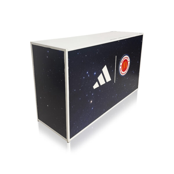 white registration counter rental with branding