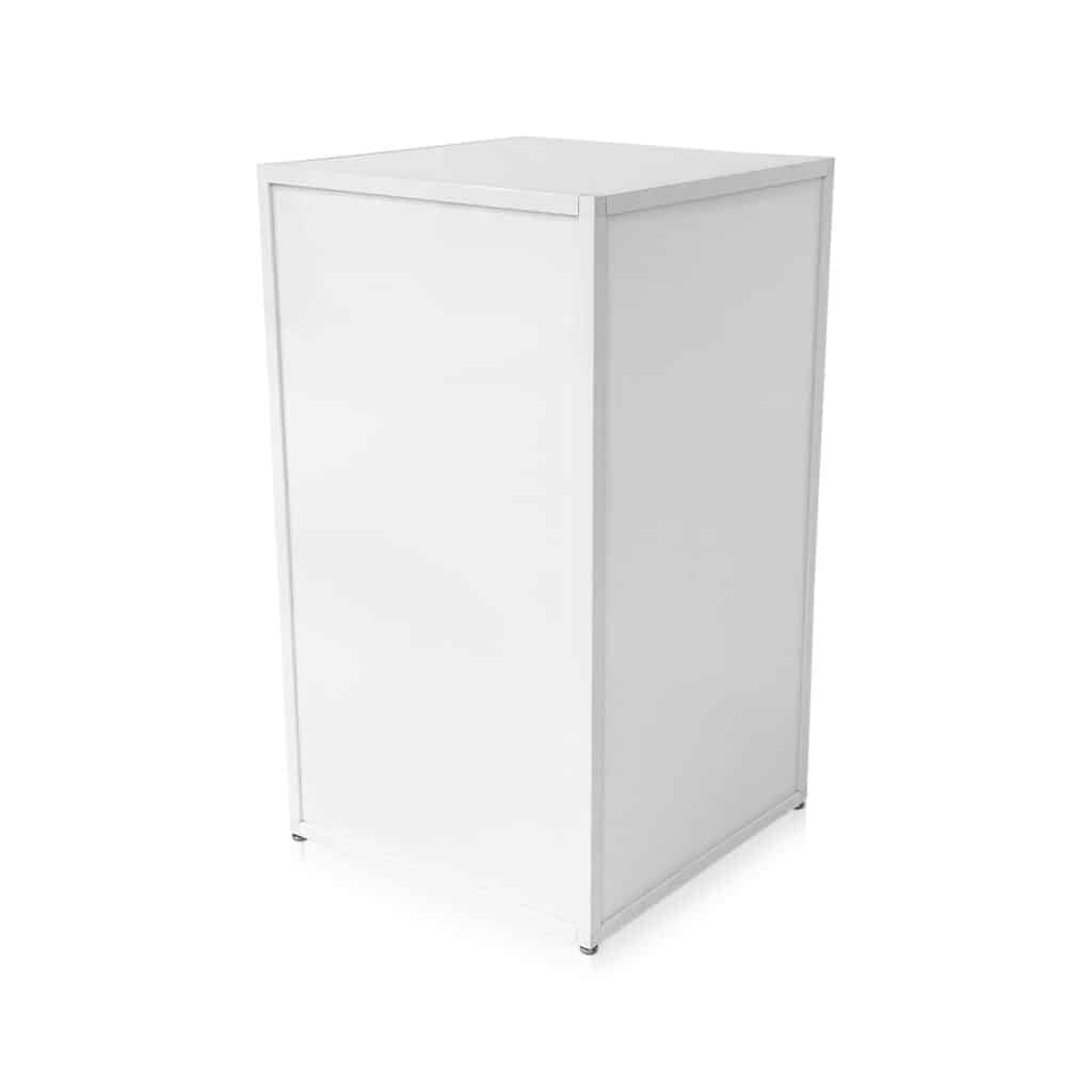 White corner registration counter unit used to turn a continuous counter run in a registration desk layout