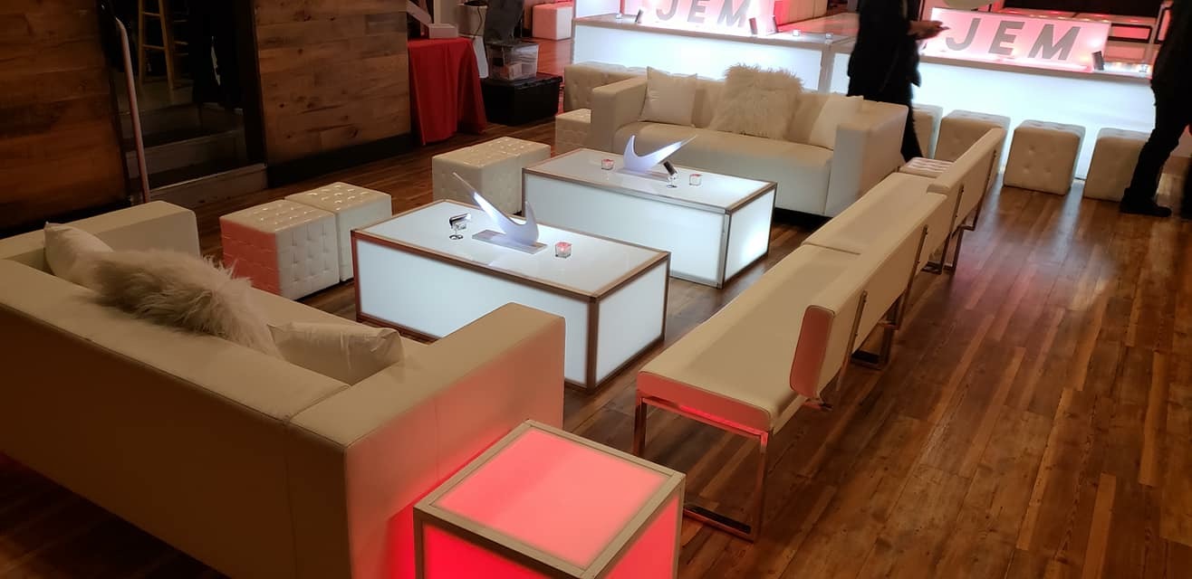 Corporate Conference Furniture Nationwide: 8 Questions Planners Ask 4 Lounge seating with illuminated tables in a networking area at a corporate conference